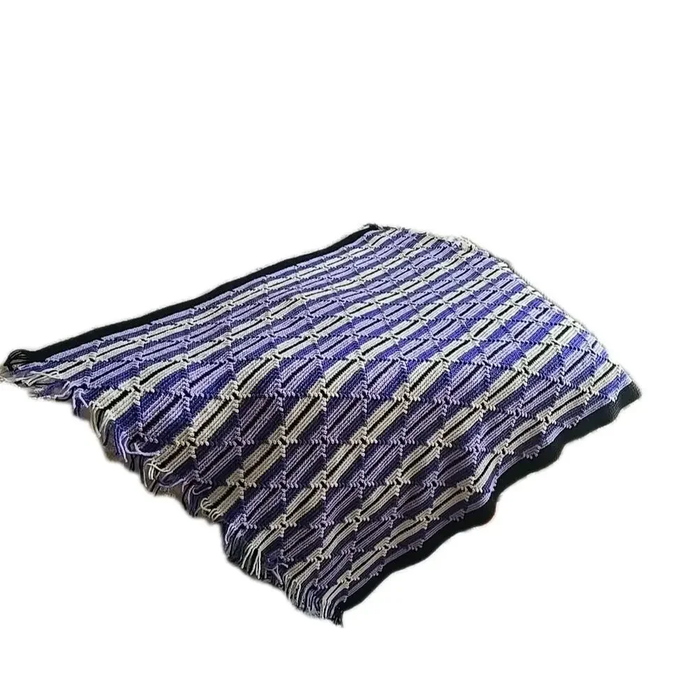 Purple White‎ Striped Grannycore Cottagecore Crochet Fringe Throw Afghan 56